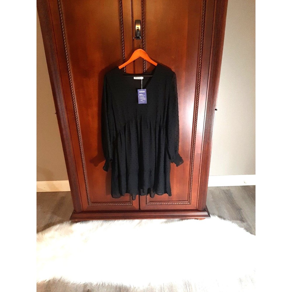 ADIBOSY New Women's Size L Black Mini Dress w/Swiss Dots V-Neck Ruffles